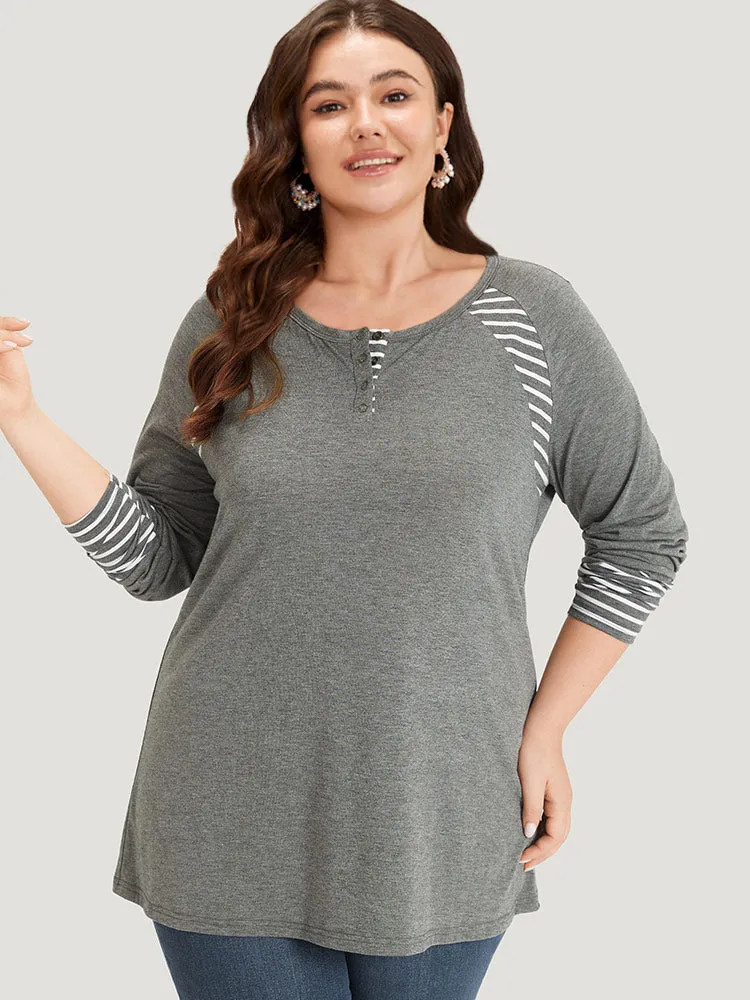Striped Patchwork Button Up Round Neck T-shirt sold by Bloomchic product image thumbnail 3