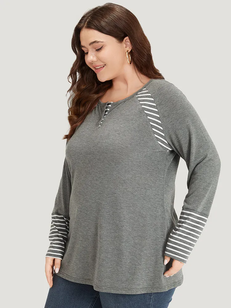 Striped Patchwork Button Up Round Neck T-shirt sold by Bloomchic product image thumbnail 4
