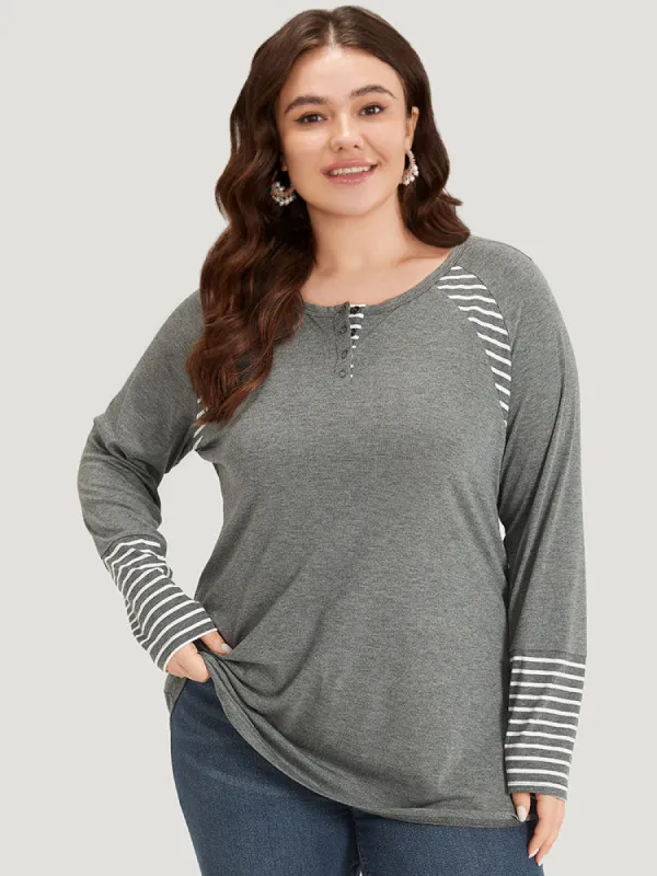 Striped Patchwork Button Up Round Neck T-shirt sold by Bloomchic