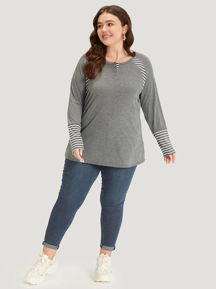 Striped Patchwork Button Up Round Neck T-shirt sold by Bloomchic product image thumbnail 5