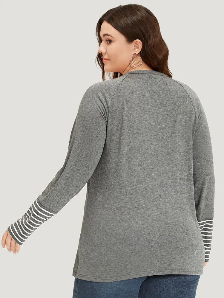 Striped Patchwork Button Up Round Neck T-shirt sold by Bloomchic product image thumbnail 2