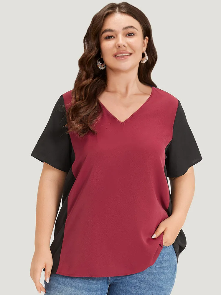 Colorblock Contrast Patchwork V Neck Blouse sold by Bloomchic