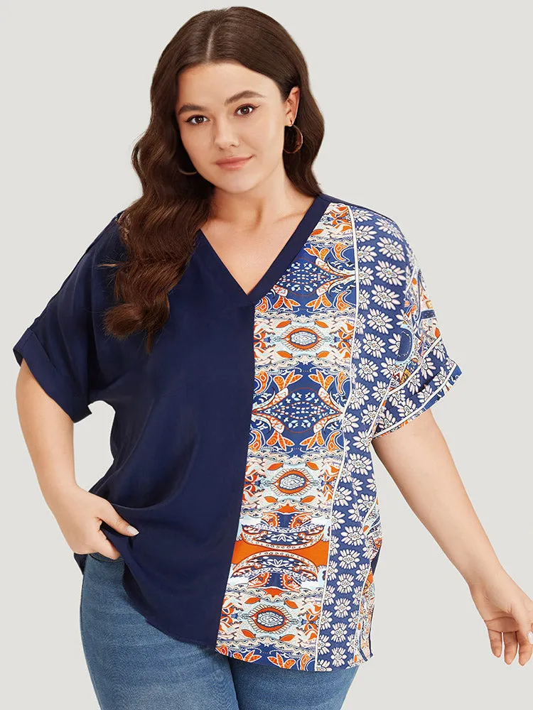Bandana Print Patchwork Contrast Roll Batwing Sleeve Blouse sold by Bloomchic product image thumbnail 3