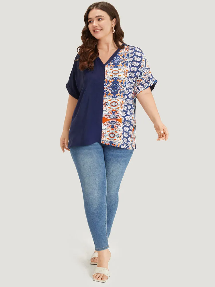 Bandana Print Patchwork Contrast Roll Batwing Sleeve Blouse sold by Bloomchic product image thumbnail 4