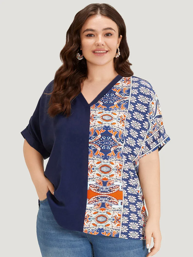 Bandana Print Patchwork Contrast Roll Batwing Sleeve Blouse sold by Bloomchic