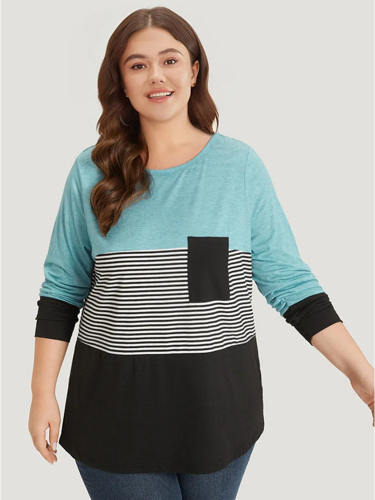 Striped Colorblock Contrast Patchwork Crew Neck T-shirt sold by Bloomchic
