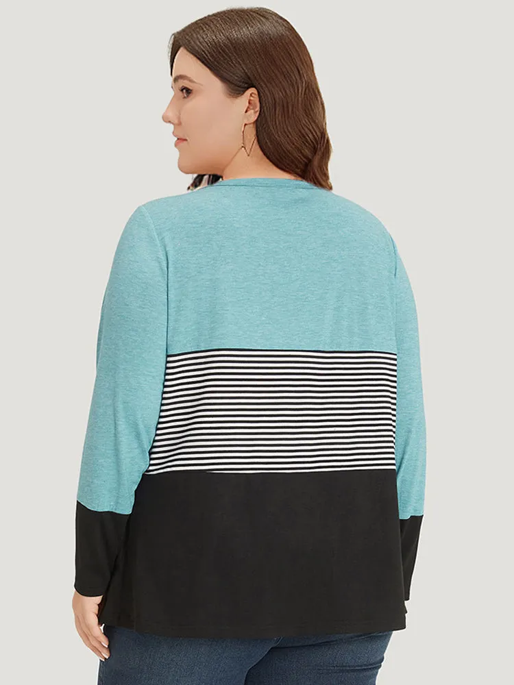 Striped Colorblock Contrast Patchwork Crew Neck T-shirt sold by Bloomchic product image thumbnail 2