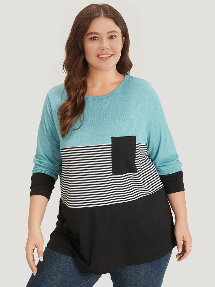 Striped Colorblock Contrast Patchwork Crew Neck T-shirt sold by Bloomchic product image thumbnail 3