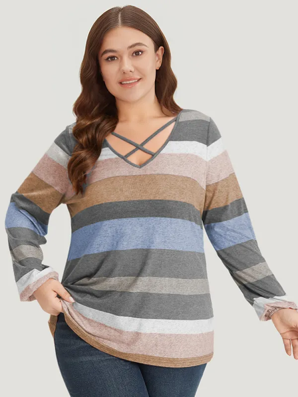 Colour Striped Contrast Crisscross Lantern Sleeve T-shirt sold by Bloomchic