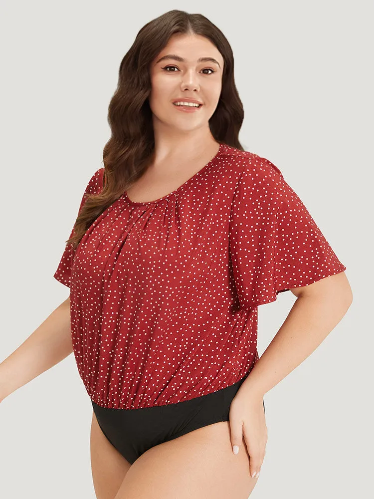 Polka Dot Elastic Waist Plicated Detail Ruffle Sleeve Bodysuit sold by Bloomchic product image thumbnail 4