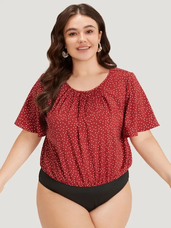 Polka Dot Elastic Waist Plicated Detail Ruffle Sleeve Bodysuit sold by Bloomchic
