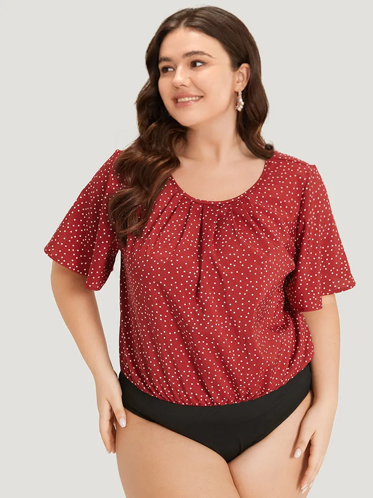 Polka Dot Elastic Waist Plicated Detail Ruffle Sleeve Bodysuit sold by Bloomchic product image thumbnail 2