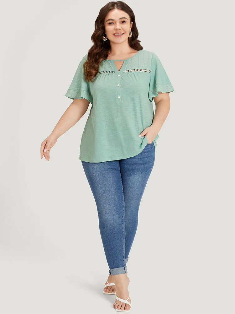 Plain Button Detail Embroidered Keyhole Ruffle Sleeve T-shirt sold by Bloomchic product image thumbnail 5