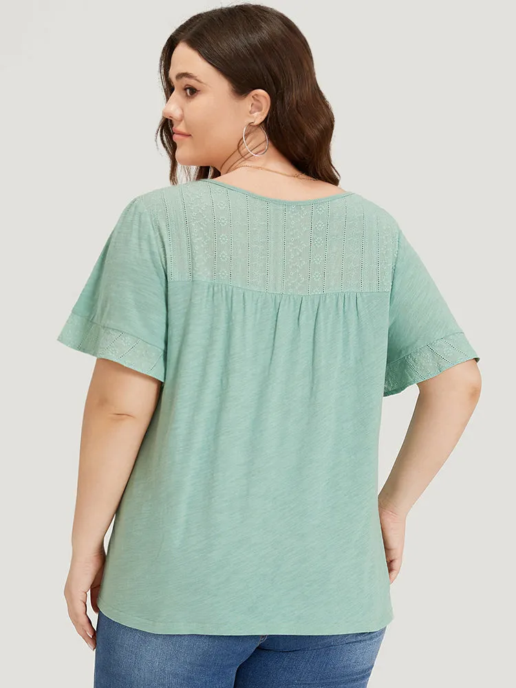 Plain Button Detail Embroidered Keyhole Ruffle Sleeve T-shirt sold by Bloomchic product image thumbnail 2