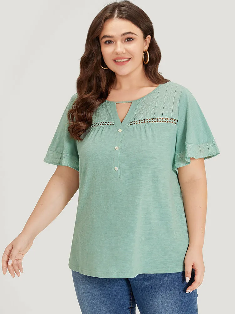 Plain Button Detail Embroidered Keyhole Ruffle Sleeve T-shirt sold by Bloomchic product image thumbnail 3