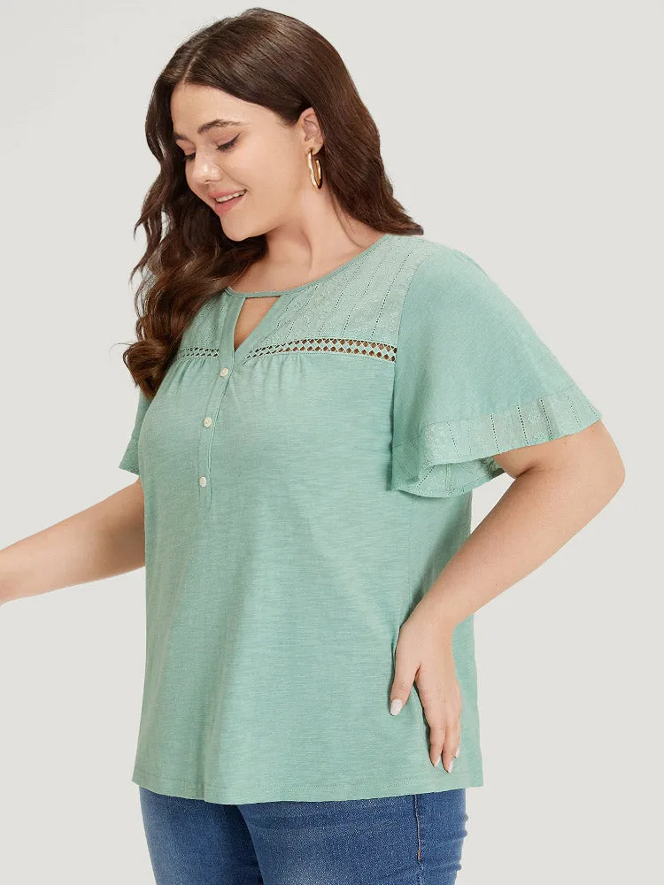 Plain Button Detail Embroidered Keyhole Ruffle Sleeve T-shirt sold by Bloomchic product image thumbnail 4