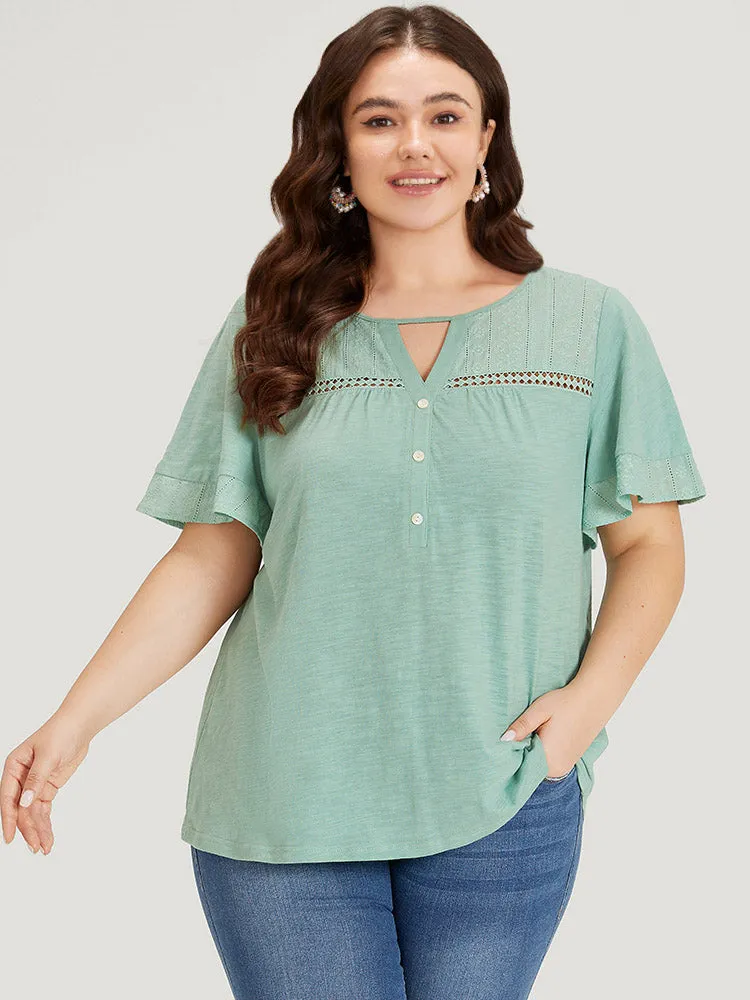 Plain Button Detail Embroidered Keyhole Ruffle Sleeve T-shirt sold by Bloomchic