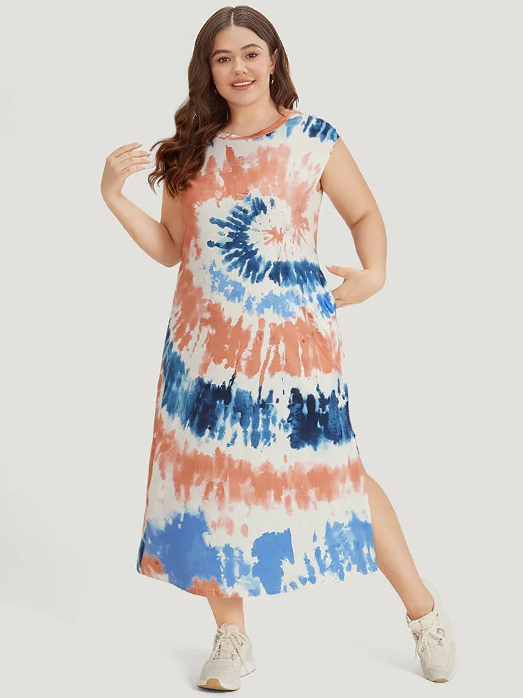 Tie Dye Split Hem Pocket Crew Neck Sleeveless Dress sold by Bloomchic