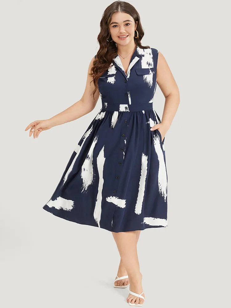 Brush Print Suit Collar Pocket Button Up Ruffle Hem Dress sold by Bloomchic