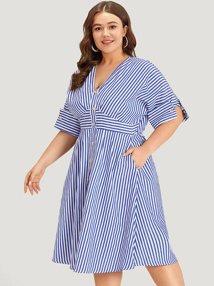 V Neck Striped Pocket Ruffle Hem Button Detail Dress sold by Bloomchic product image thumbnail 3