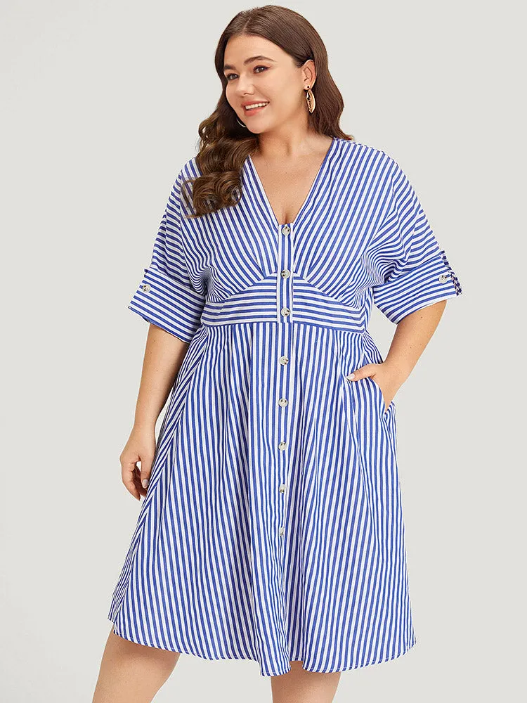 V Neck Striped Pocket Ruffle Hem Button Detail Dress sold by Bloomchic