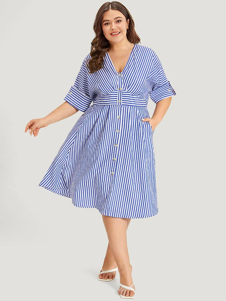 V Neck Striped Pocket Ruffle Hem Button Detail Dress sold by Bloomchic product image thumbnail 4