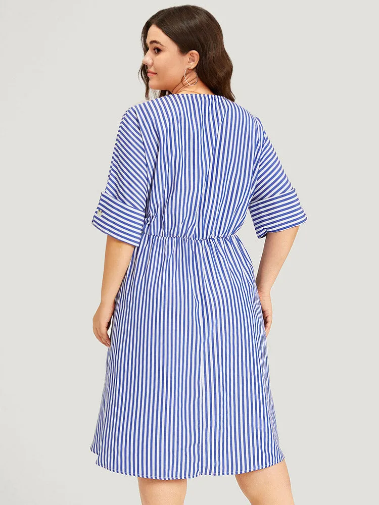 V Neck Striped Pocket Ruffle Hem Button Detail Dress sold by Bloomchic product image thumbnail 2