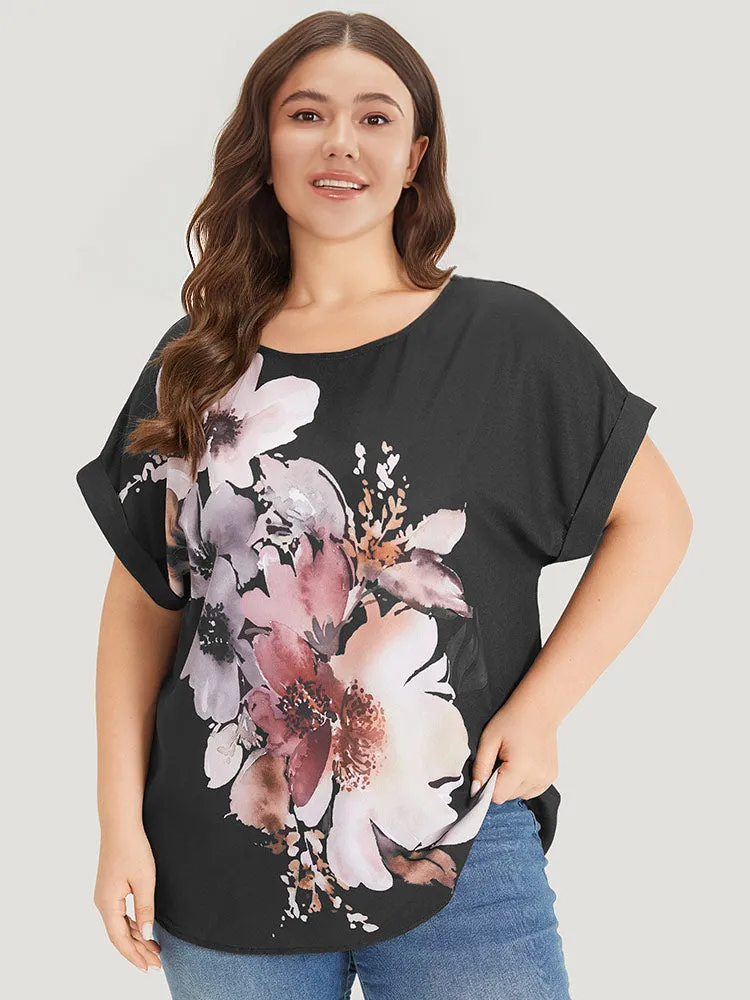 Floral Print Crew Neck Roll Dolman Sleeve Blouse sold by Bloomchic product image thumbnail 2