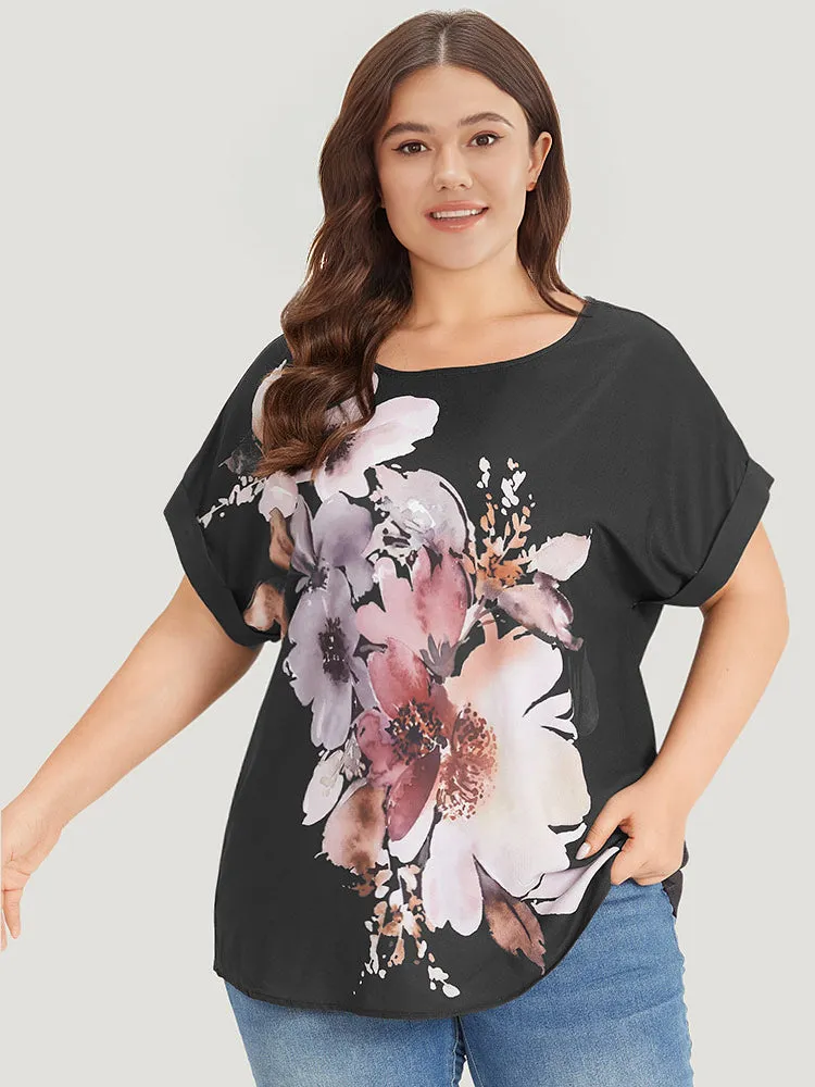 Floral Print Crew Neck Roll Dolman Sleeve Blouse sold by Bloomchic