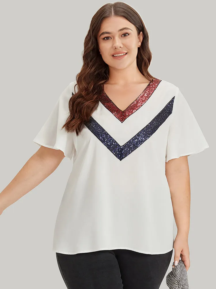 Contrast Webbing V Neck Ruffle Sleeve Blouse sold by Bloomchic