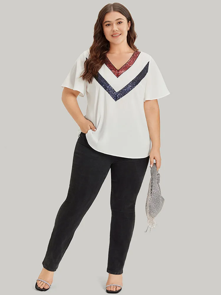 Contrast Webbing V Neck Ruffle Sleeve Blouse sold by Bloomchic product image thumbnail 5