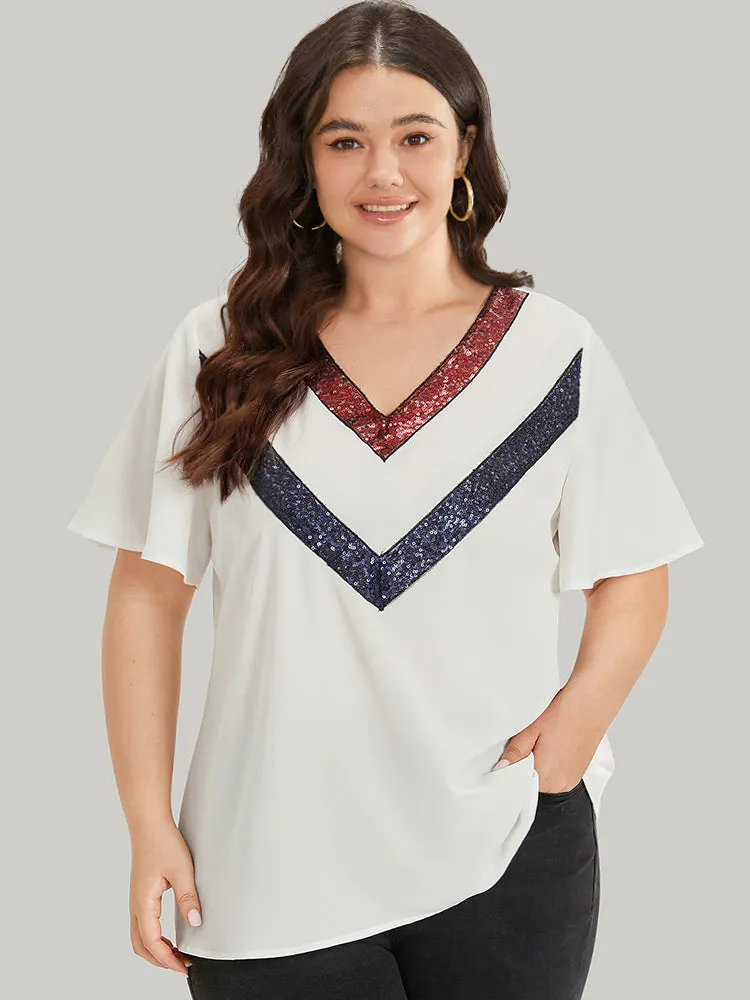 Contrast Webbing V Neck Ruffle Sleeve Blouse sold by Bloomchic product image thumbnail 2