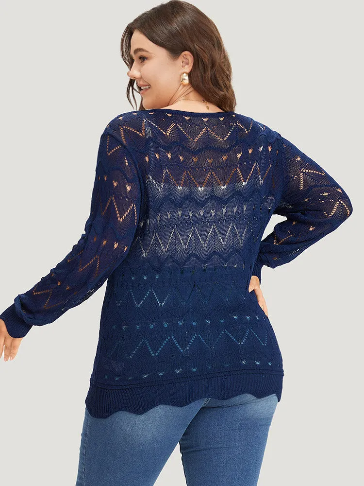 Geometric Eyelet Scalloped Trim Drop Shoulder Pullover sold by Bloomchic product image thumbnail 3