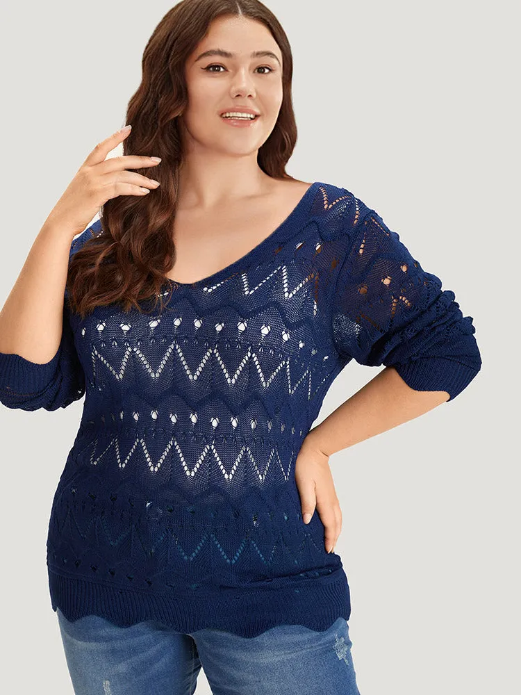 Geometric Eyelet Scalloped Trim Drop Shoulder Pullover sold by Bloomchic product image thumbnail 4