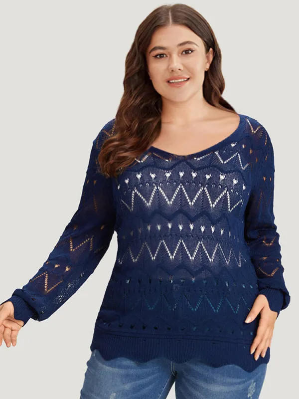Geometric Eyelet Scalloped Trim Drop Shoulder Pullover sold by Bloomchic