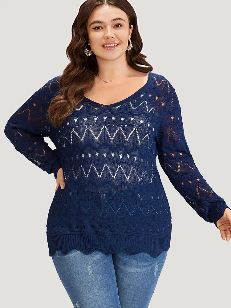 Geometric Eyelet Scalloped Trim Drop Shoulder Pullover sold by Bloomchic product image thumbnail 2