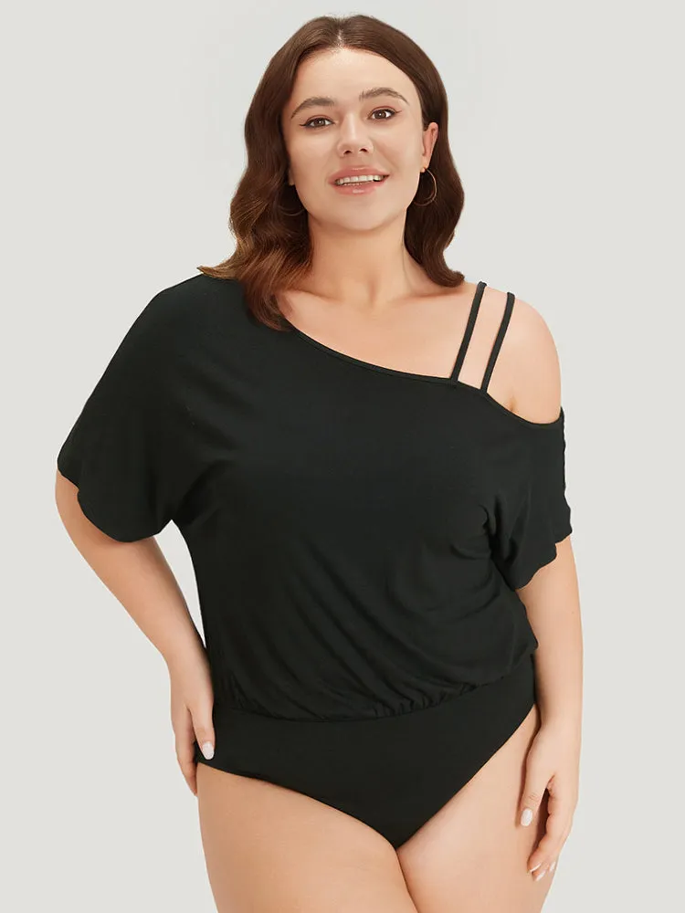 Plain One Shoulder Batwing Sleeve Cami Bodysuit sold by Bloomchic product image thumbnail 3