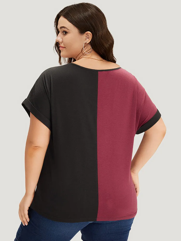 Colorblock Contrast Button Detail Roll Batwing Sleeve T-shirt sold by Bloomchic product image thumbnail 4