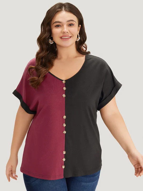 Colorblock Contrast Button Detail Roll Batwing Sleeve T-shirt sold by Bloomchic