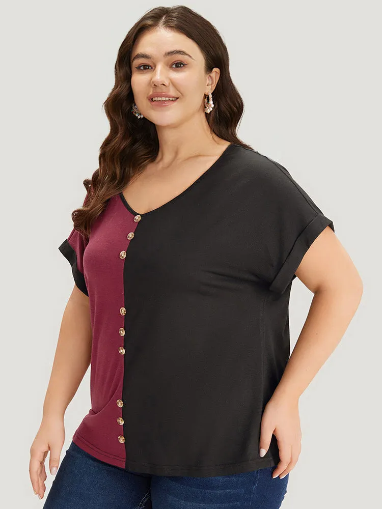 Colorblock Contrast Button Detail Roll Batwing Sleeve T-shirt sold by Bloomchic product image thumbnail 3