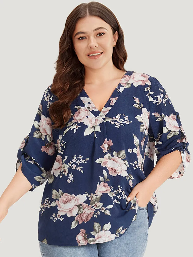 Floral Print V Neck Plicated Detail Tab Sleeve Blouse sold by Bloomchic product image thumbnail 5