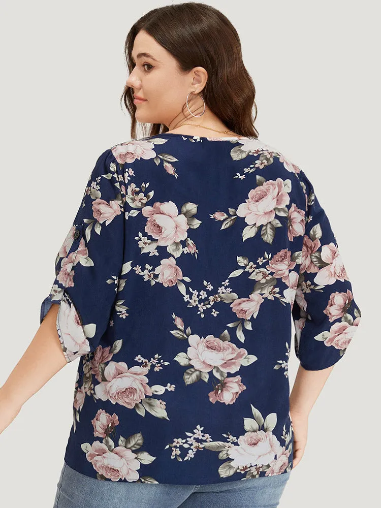 Floral Print V Neck Plicated Detail Tab Sleeve Blouse sold by Bloomchic product image thumbnail 2