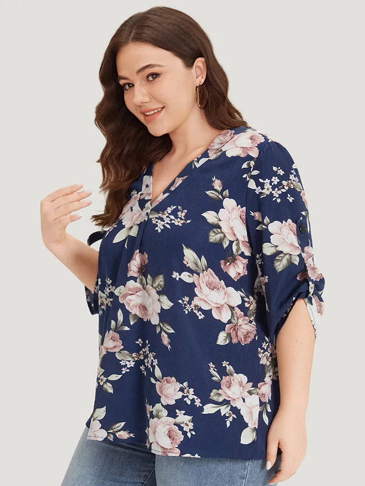 Floral Print V Neck Plicated Detail Tab Sleeve Blouse sold by Bloomchic product image thumbnail 3