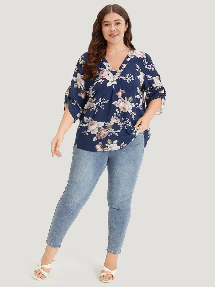 Floral Print V Neck Plicated Detail Tab Sleeve Blouse sold by Bloomchic product image thumbnail 4