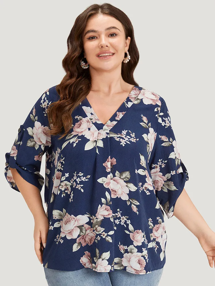 Floral Print V Neck Plicated Detail Tab Sleeve Blouse sold by Bloomchic