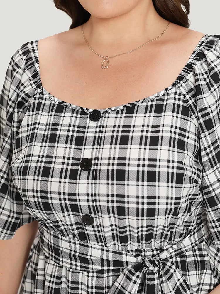 Plaid Belted Pocket Button Detail Square Neck Dress sold by Bloomchic product image thumbnail 5