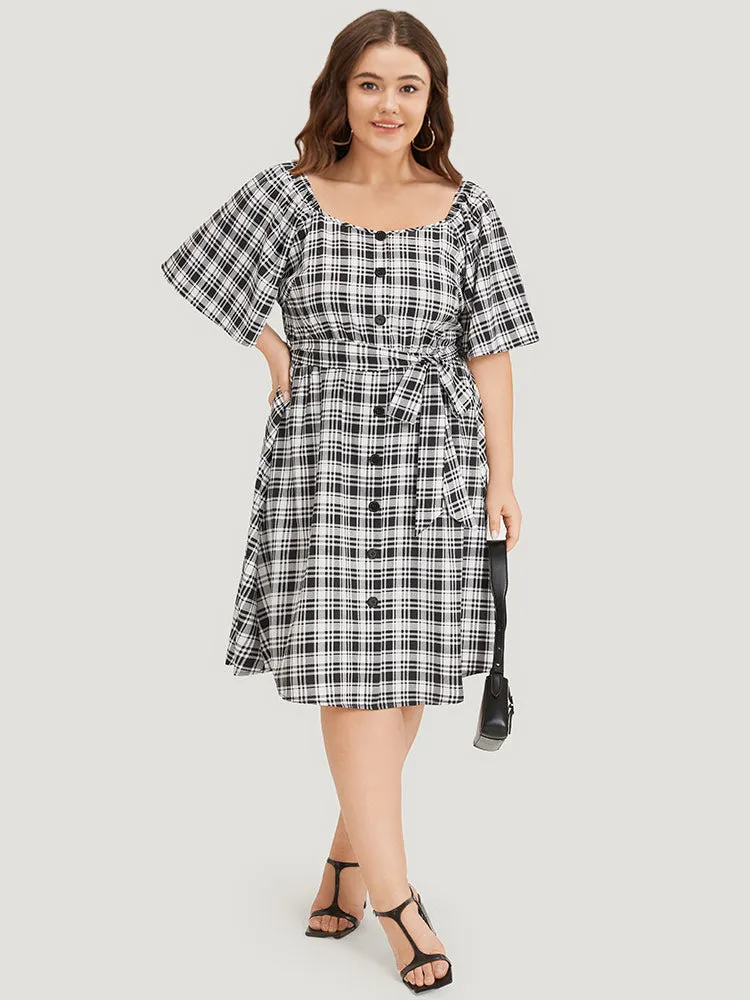 Plaid Belted Pocket Button Detail Square Neck Dress sold by Bloomchic product image thumbnail 2