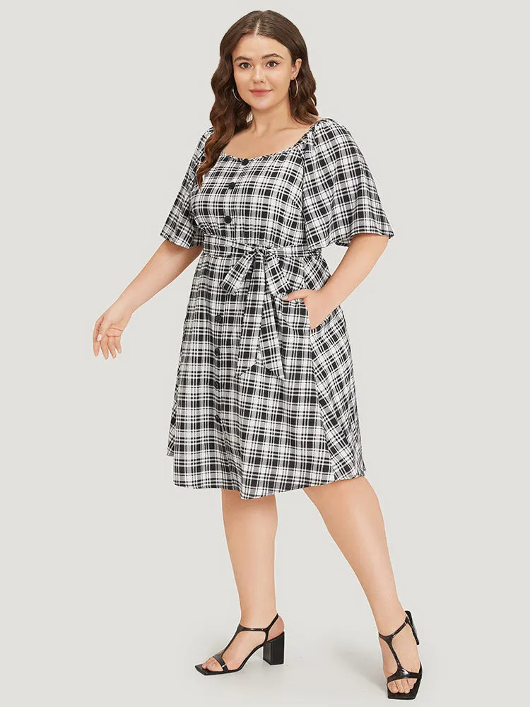 Plaid Belted Pocket Button Detail Square Neck Dress sold by Bloomchic product image thumbnail 3
