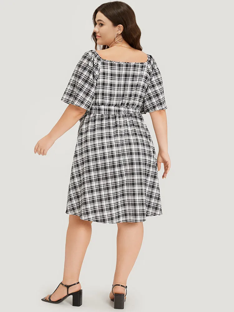 Plaid Belted Pocket Button Detail Square Neck Dress sold by Bloomchic product image thumbnail 4