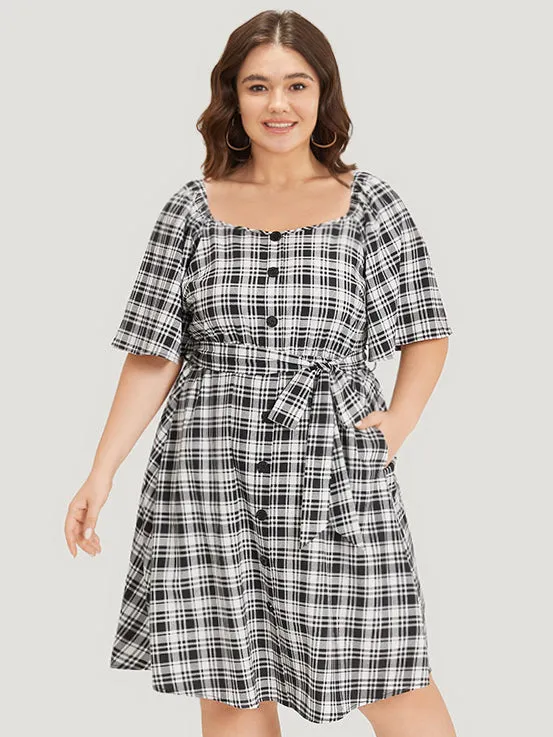 Plaid Belted Pocket Button Detail Square Neck Dress sold by Bloomchic